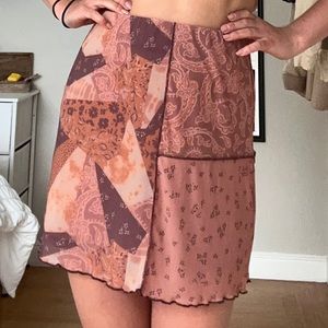 Maroon, purple, orange and tan floral patch worked silky mid thigh skirt by BP